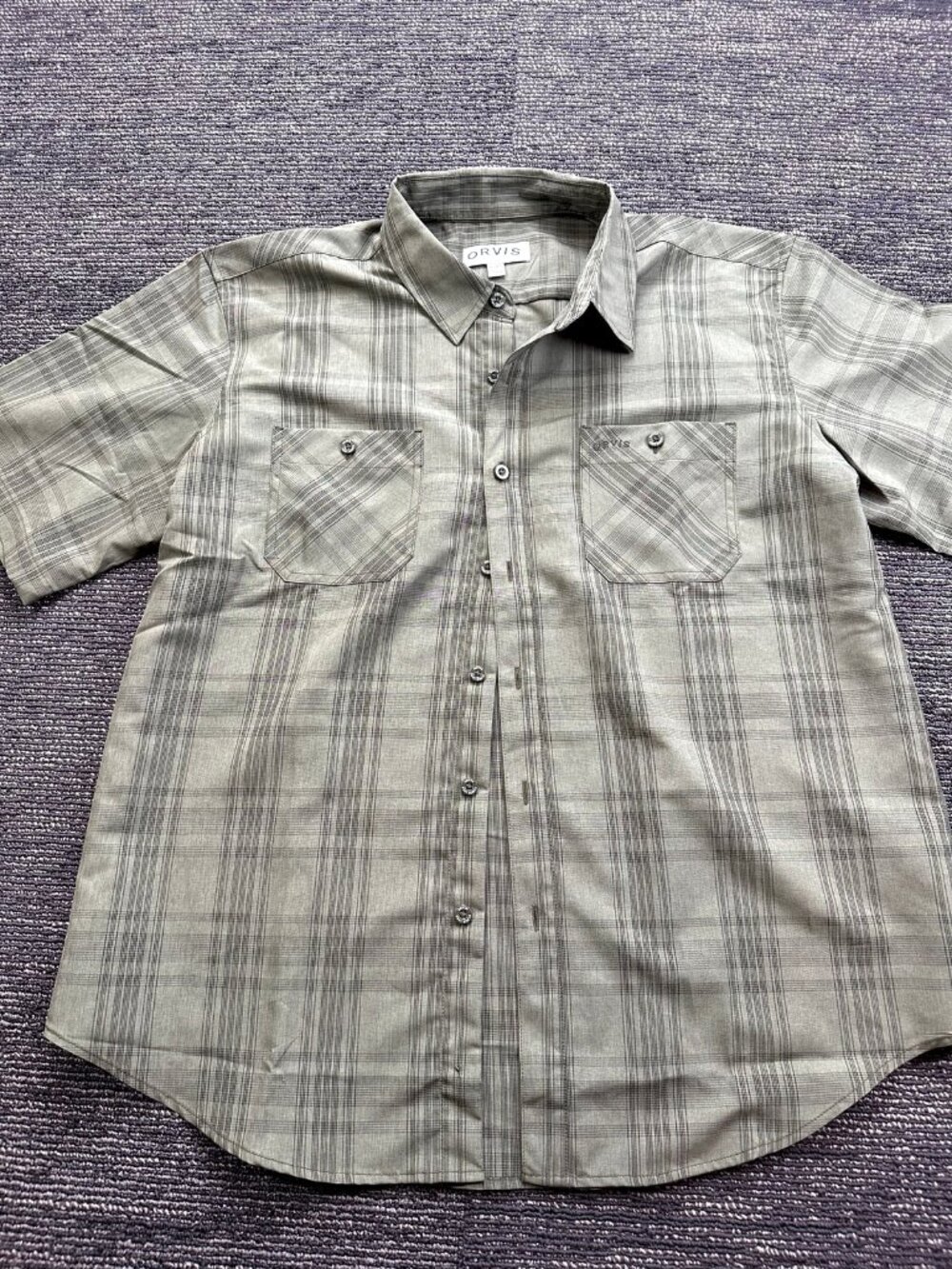 Orvis Classic Collection Men's XL Plaid Short Sleeve Button Up Shirt Gray Green